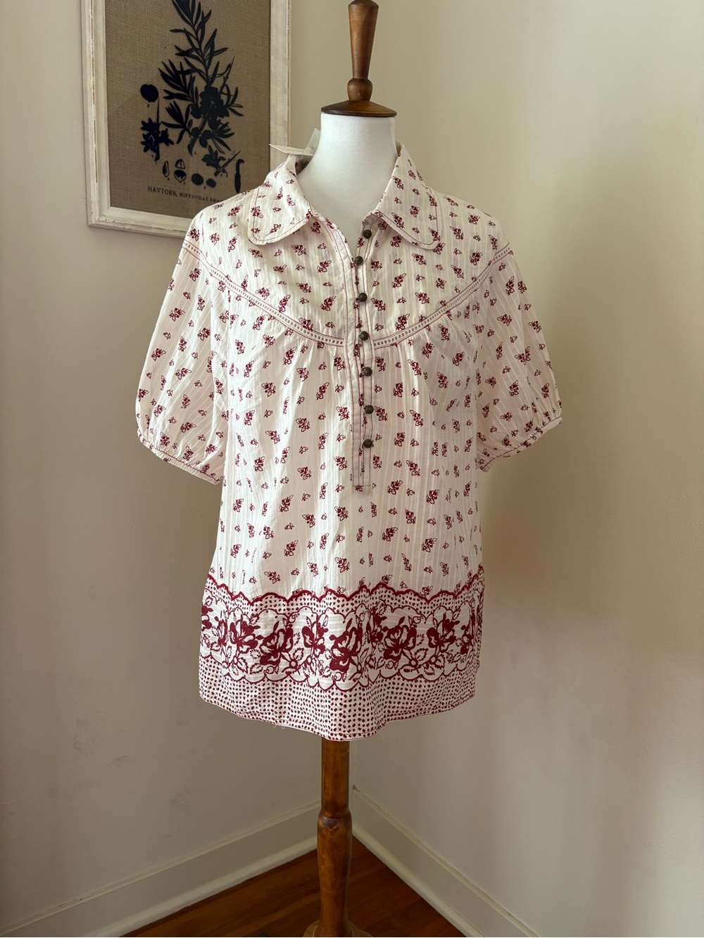 Pilcro Cream and Deep Red Floral Peasant Blouse